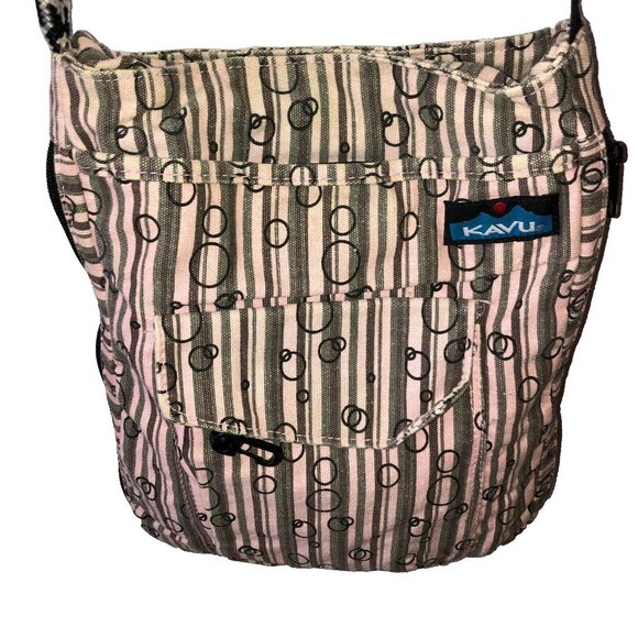 Kavu Pink Gray Striped Crossbody Strap Pockets Casual Canvas Sling Bag Purse - Picture 1 of 16